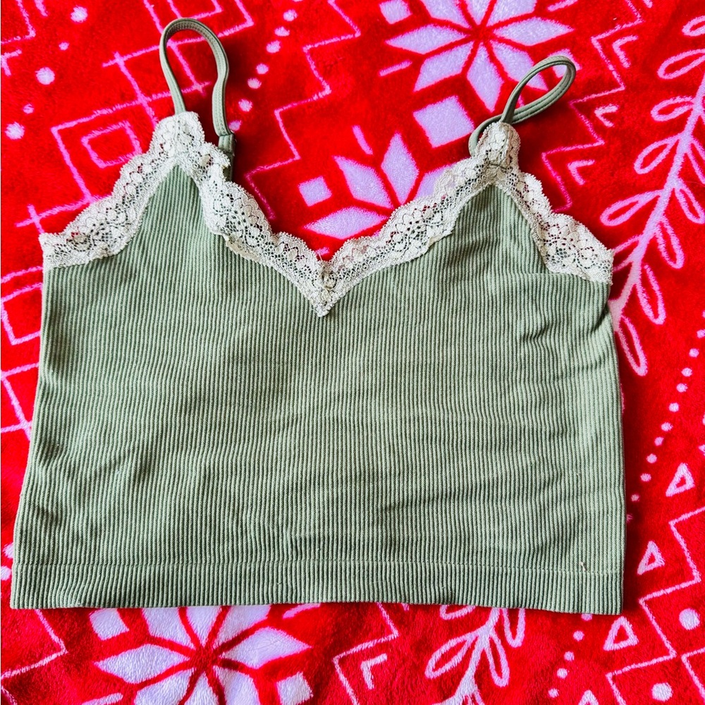 Wild Fable Green and Cream Lace Trim Crop Top